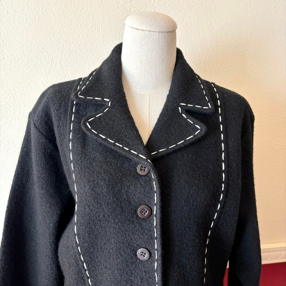 Vintage Lisa International Black Boiled Wool Jacket M Contrast Stitch Monochrome - Picture 9 of 9